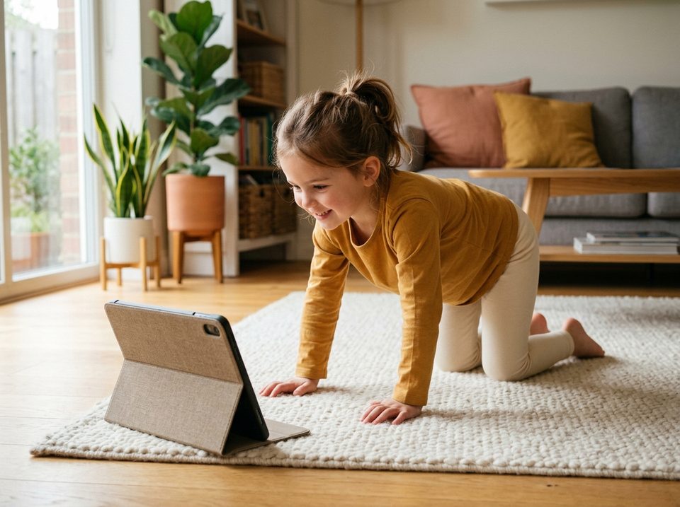 Mädchen macht die Katze auf einem Teppich vor dem Tablet